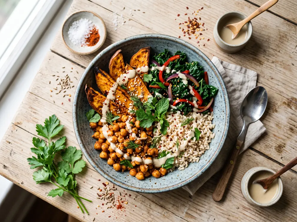 Harissa chickpea bowl with couscous, roasted peppers, and herbed yogurt